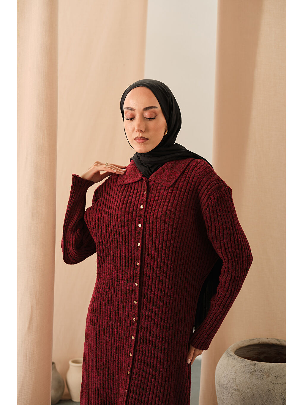 Kadın Düğme Detay Triko Elbise Bordo-1