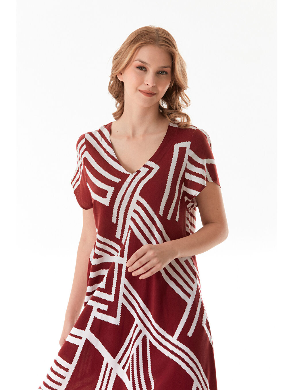 Bordo Çizgili V Yaka Salaş Elbise-4