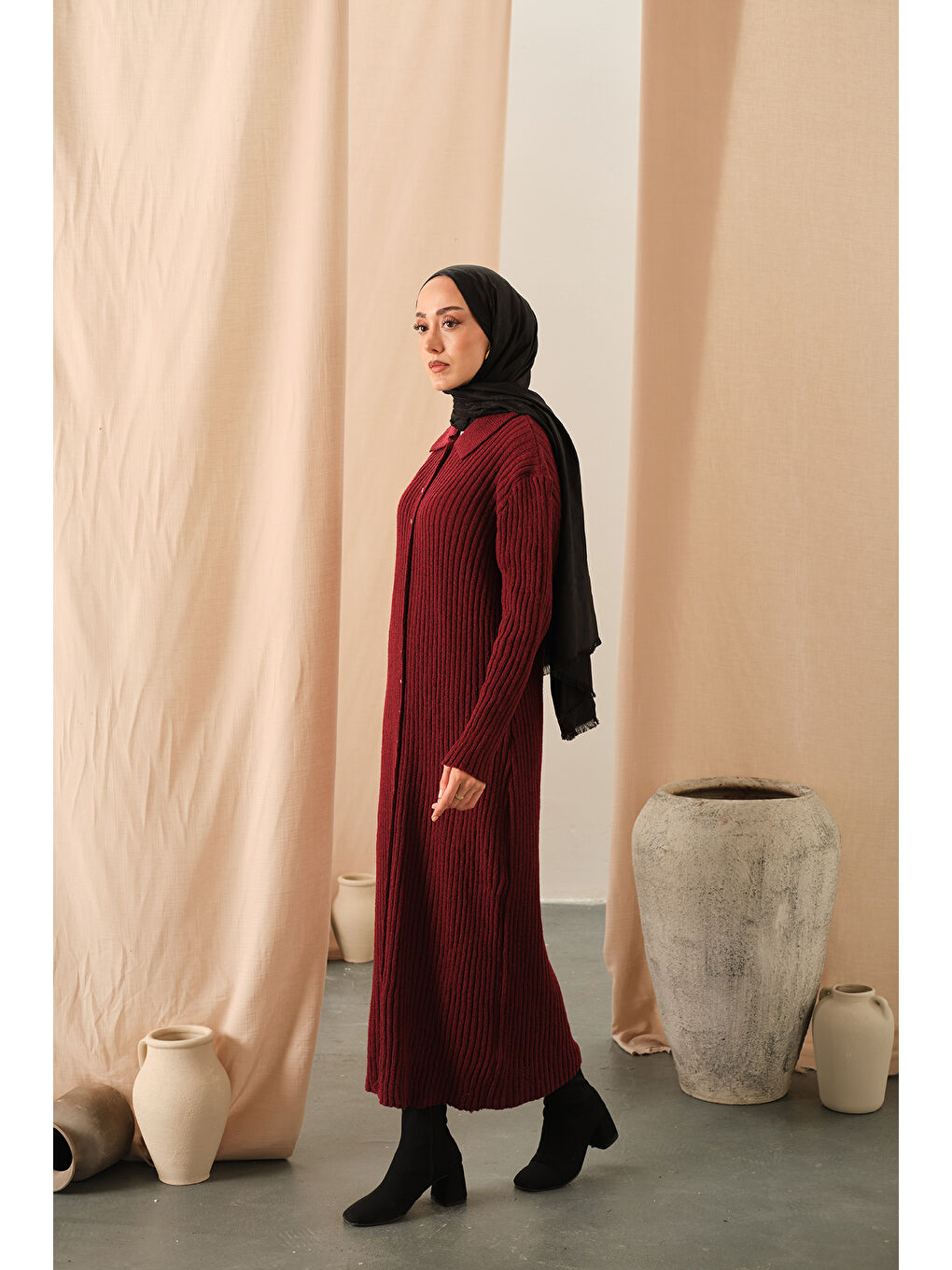 Kadın Düğme Detay Triko Elbise Bordo-2