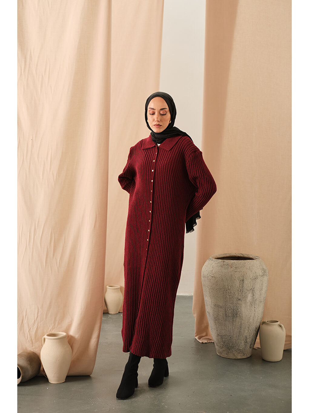 Kadın Düğme Detay Triko Elbise Bordo-3