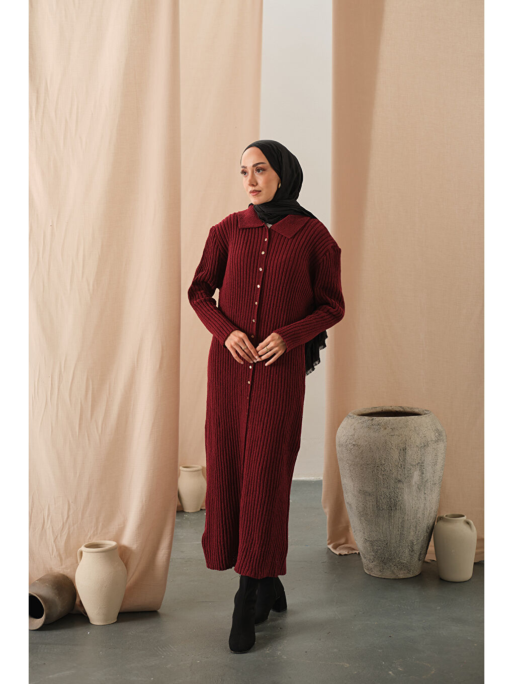 Kadın Düğme Detay Triko Elbise Bordo-4