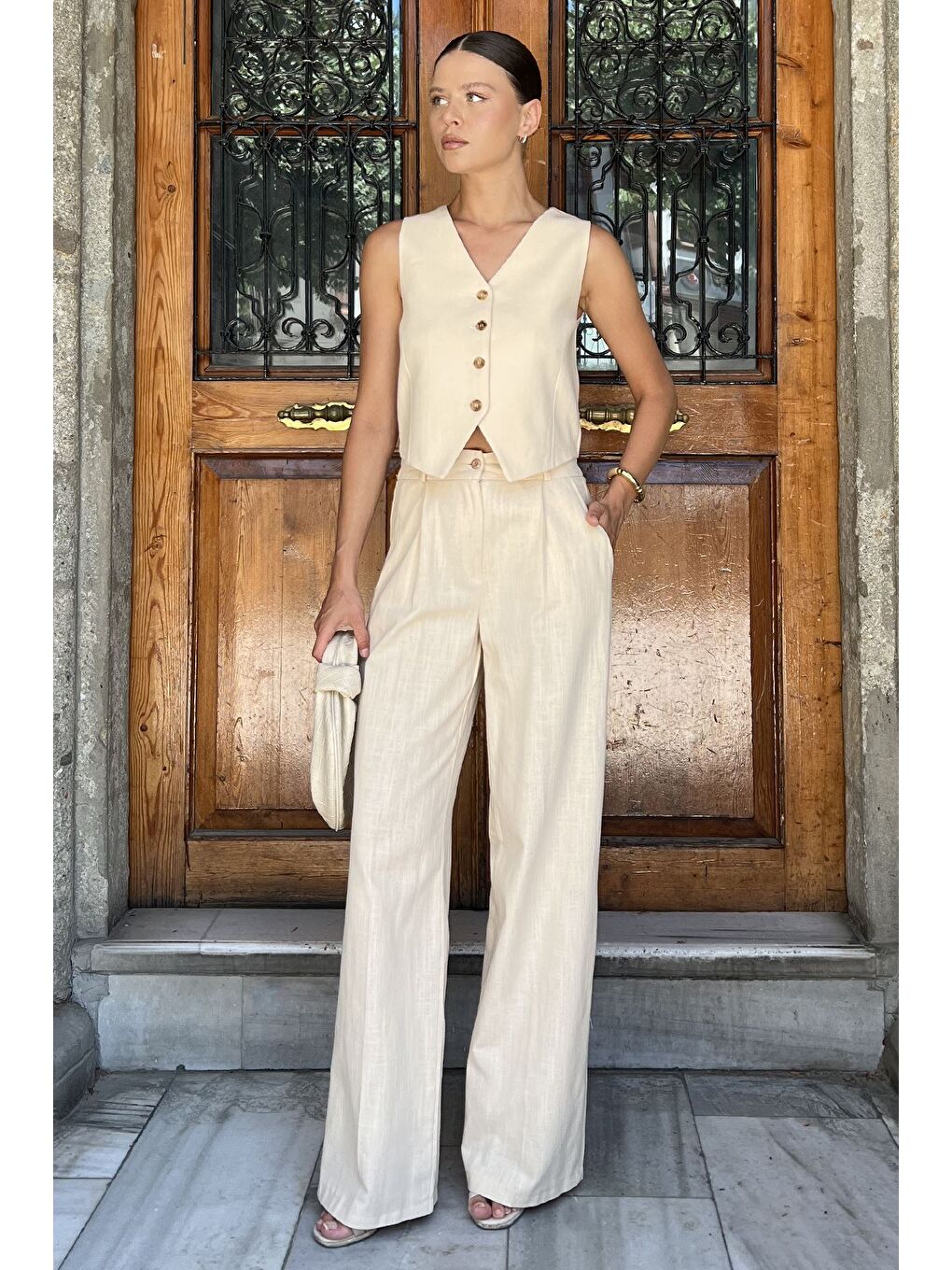 Bej Kadın Astarlı Yelek Pantolon İkili Keten Takım