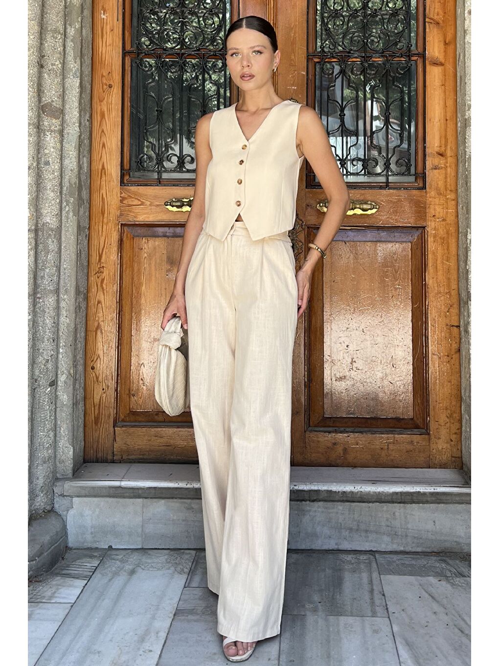 Bej Kadın Astarlı Yelek Pantolon İkili Keten Takım-1