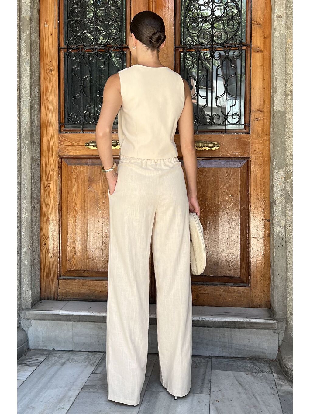 Bej Kadın Astarlı Yelek Pantolon İkili Keten Takım-2