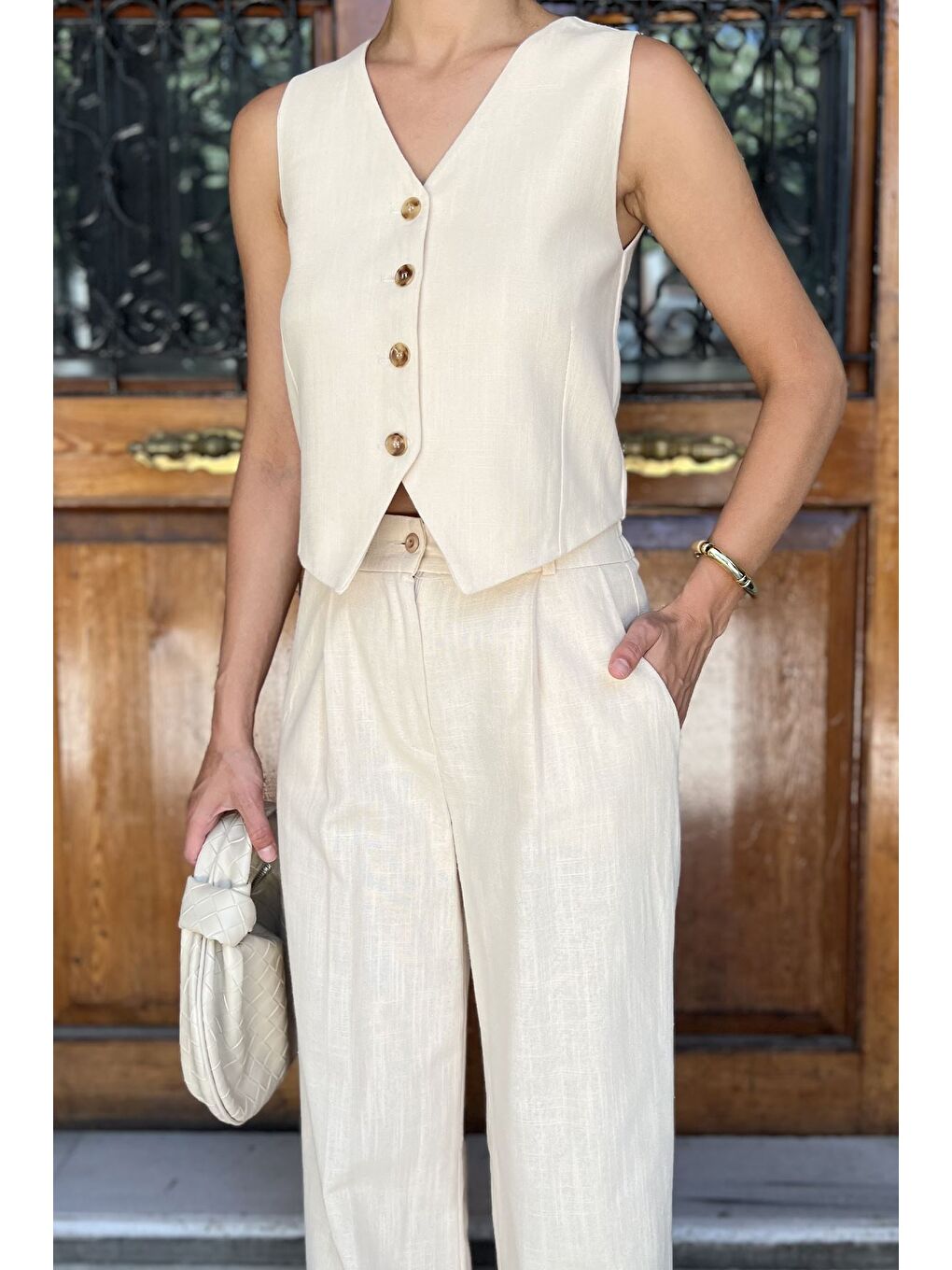 Bej Kadın Astarlı Yelek Pantolon İkili Keten Takım-3