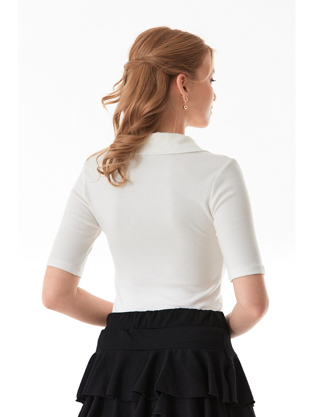 Ekru Basic Polo Yaka Çıtçıtlı Elastanlı Modal Body-2