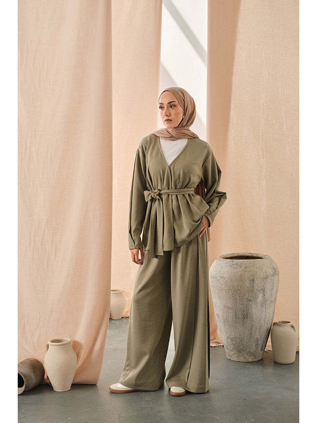 Kadın Bel Bağlamalı Kimono Takım Açık Yeşil