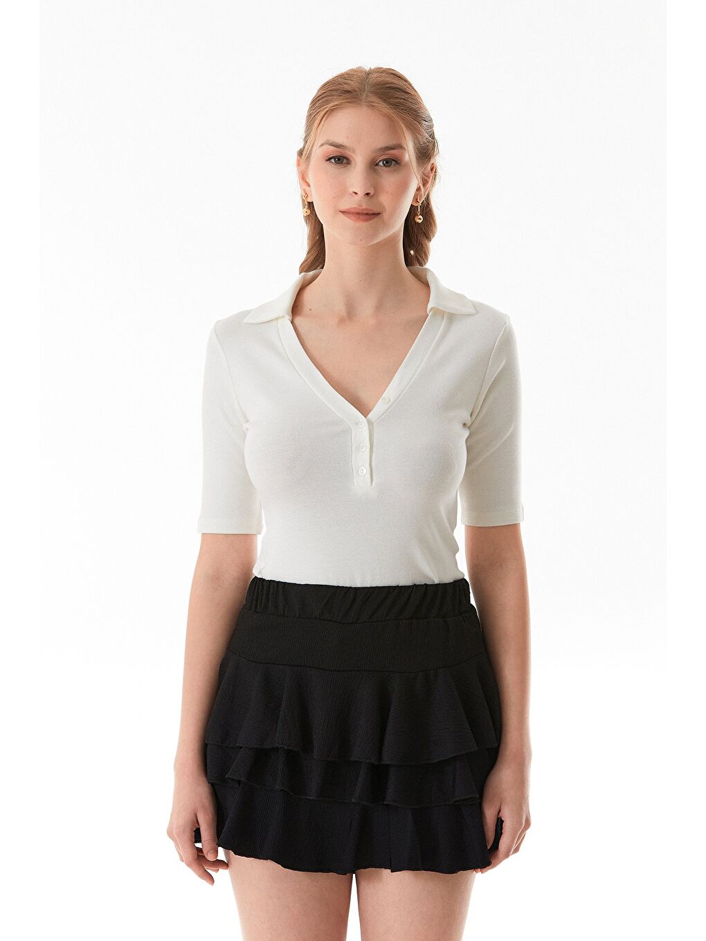 Ekru Basic Polo Yaka Çıtçıtlı Elastanlı Modal Body-4