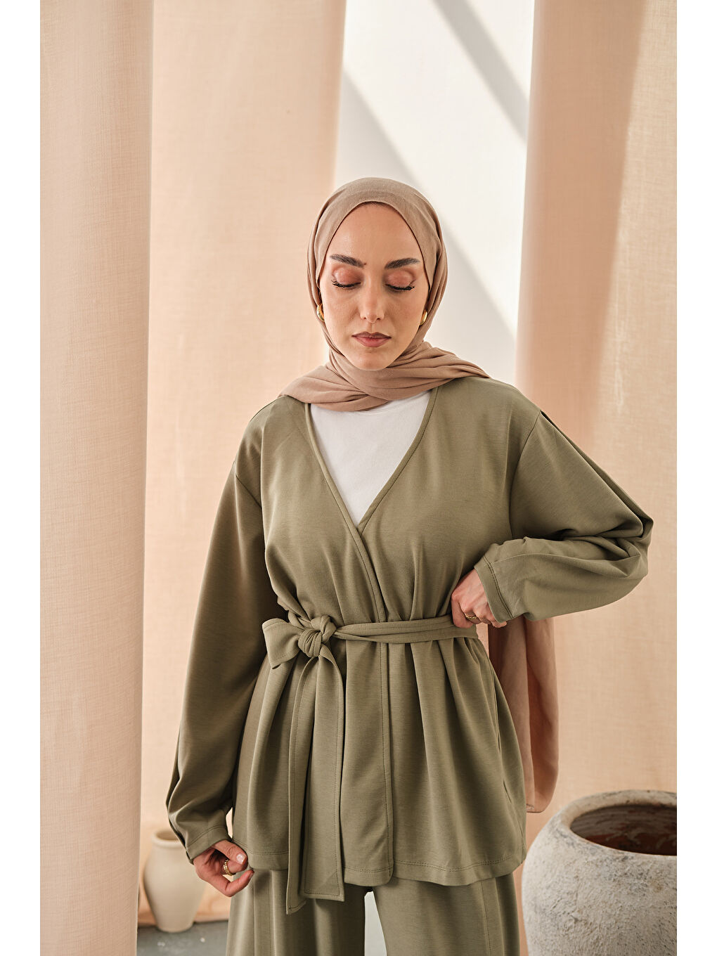 Kadın Bel Bağlamalı Kimono Takım Açık Yeşil-1