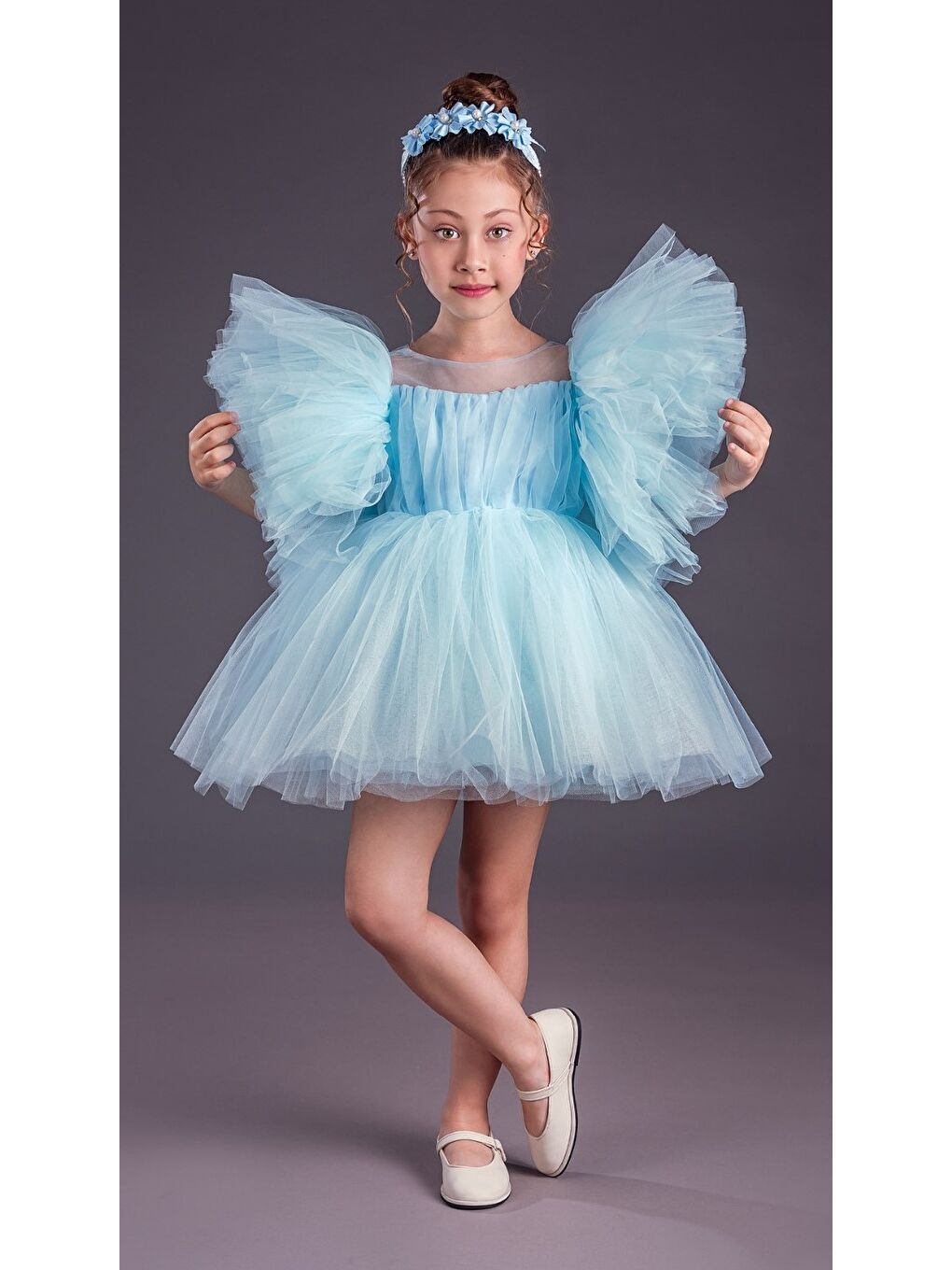 Mavi Tütü Etekli Kabarık Kollu Komotini Taçlı Kız Çocuk Abiye Elbise MNK0582