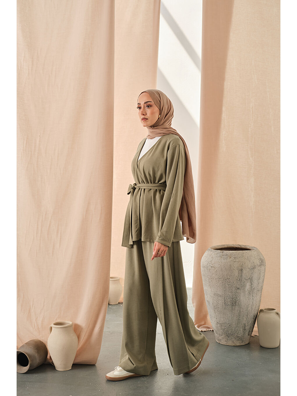 Kadın Bel Bağlamalı Kimono Takım Açık Yeşil-2