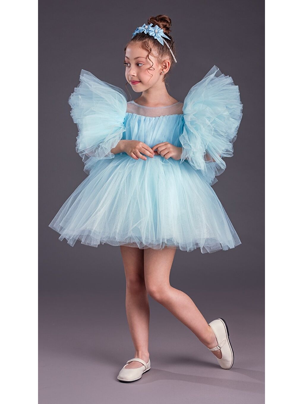 Mavi Tütü Etekli Kabarık Kollu Komotini Taçlı Kız Çocuk Abiye Elbise MNK0582-8