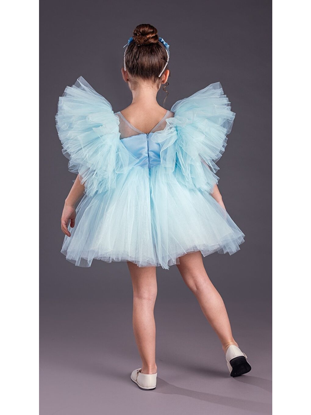 Mavi Tütü Etekli Kabarık Kollu Komotini Taçlı Kız Çocuk Abiye Elbise MNK0582-9