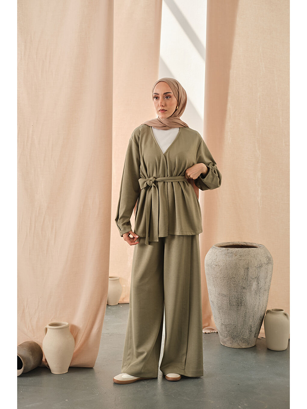 Kadın Bel Bağlamalı Kimono Takım Açık Yeşil-3