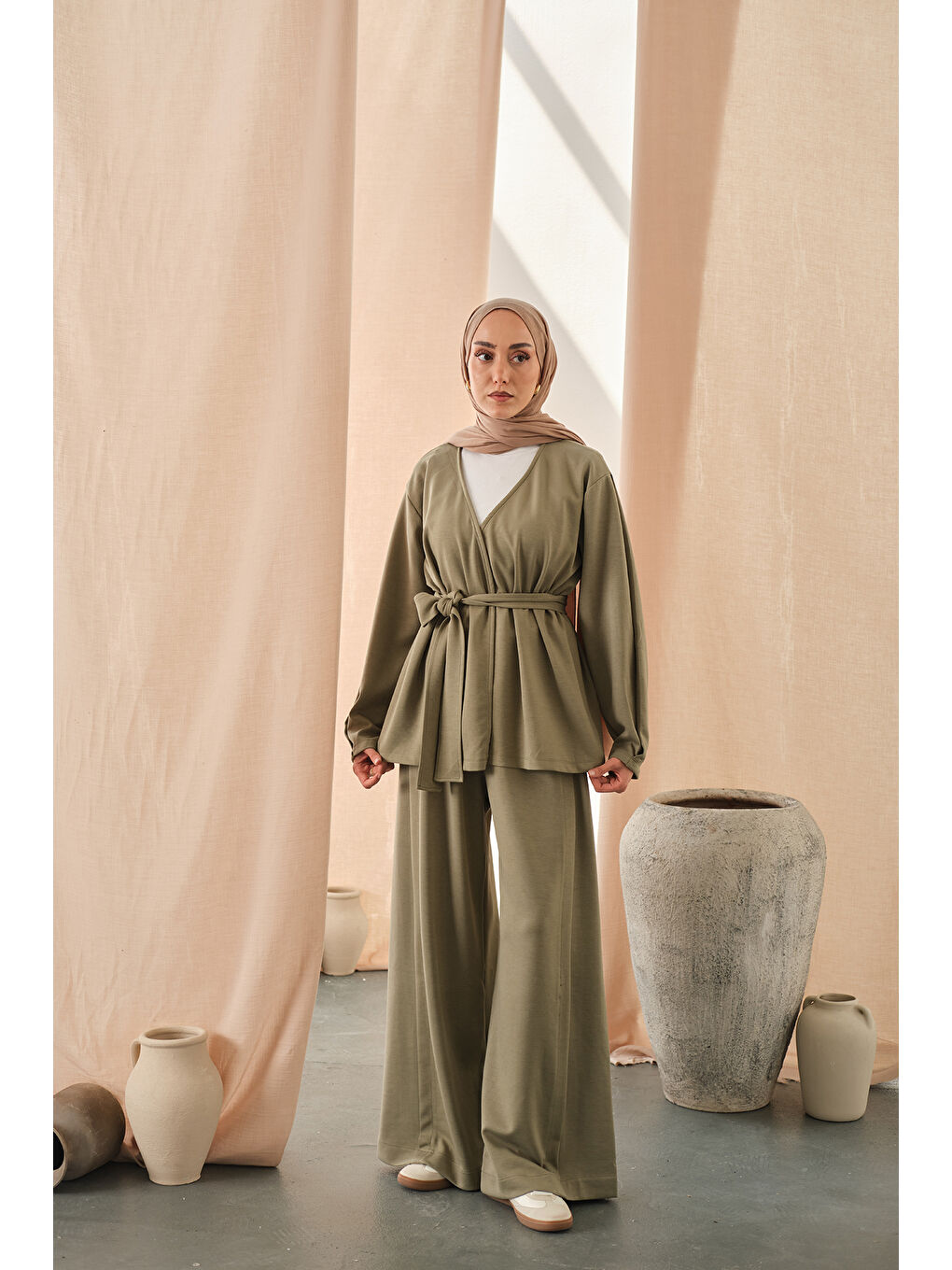 Kadın Bel Bağlamalı Kimono Takım Açık Yeşil-4