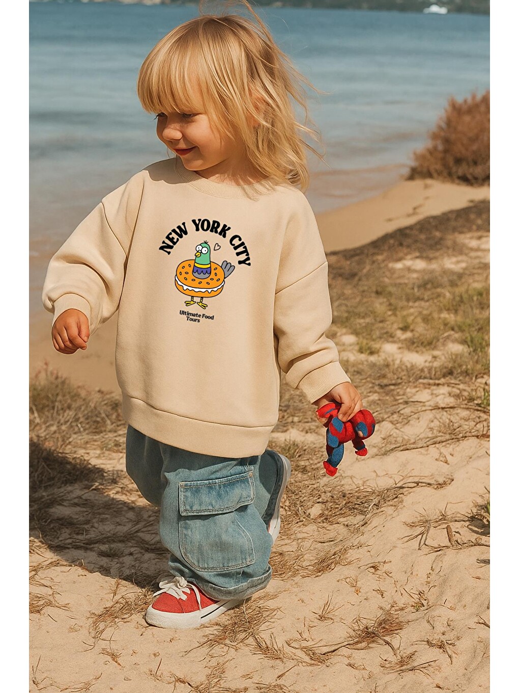 Bej Erkek Çocuk Baskılı 3 İplik Kumaş Pamuklu Sweatshirt