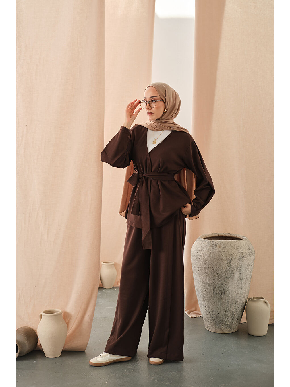 Kadın Bel Bağlamalı Kimono Takım Kahverengi