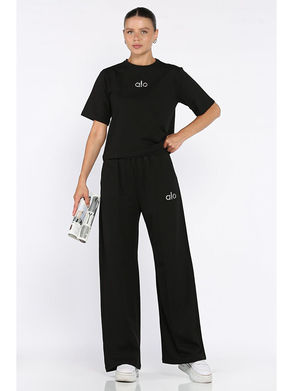 Siyah Kadın Çimalı Palazzo Pantolon Tişört İkili Takım