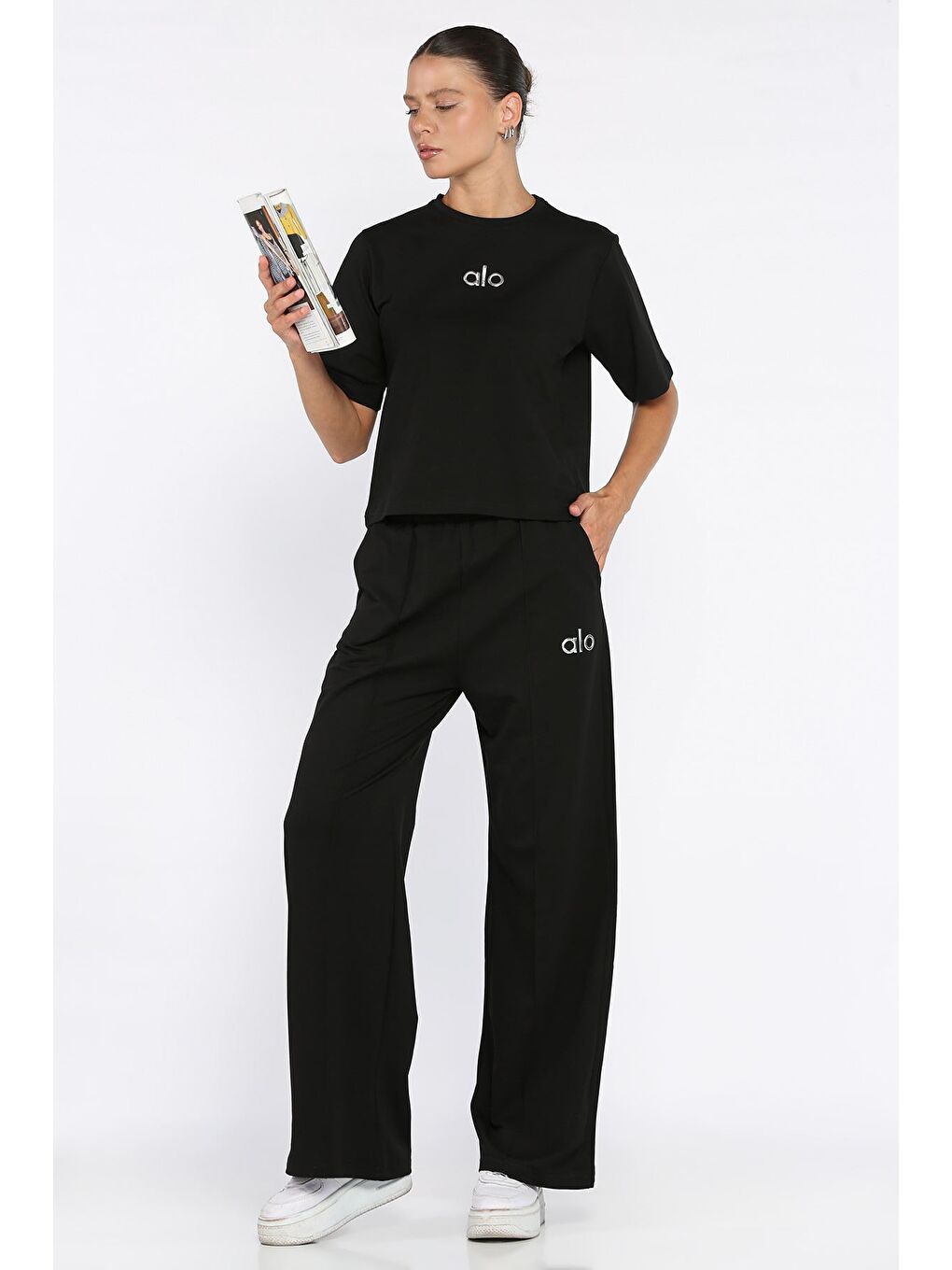 Siyah Kadın Çimalı Palazzo Pantolon Tişört İkili Takım-1