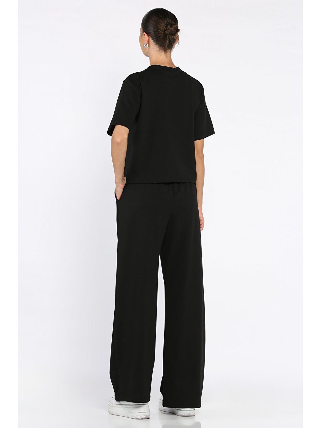 Siyah Kadın Çimalı Palazzo Pantolon Tişört İkili Takım-2