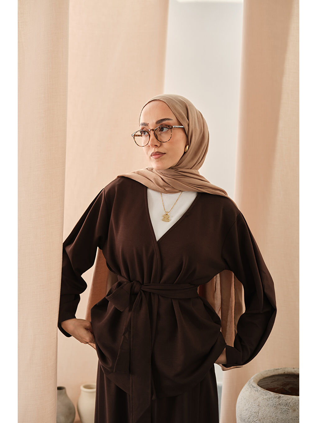 Kadın Bel Bağlamalı Kimono Takım Kahverengi-1