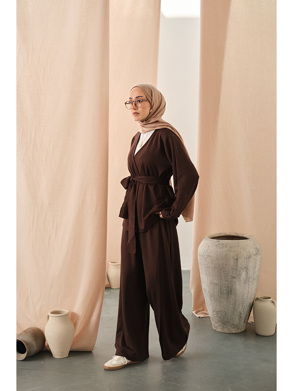 Kadın Bel Bağlamalı Kimono Takım Kahverengi-2