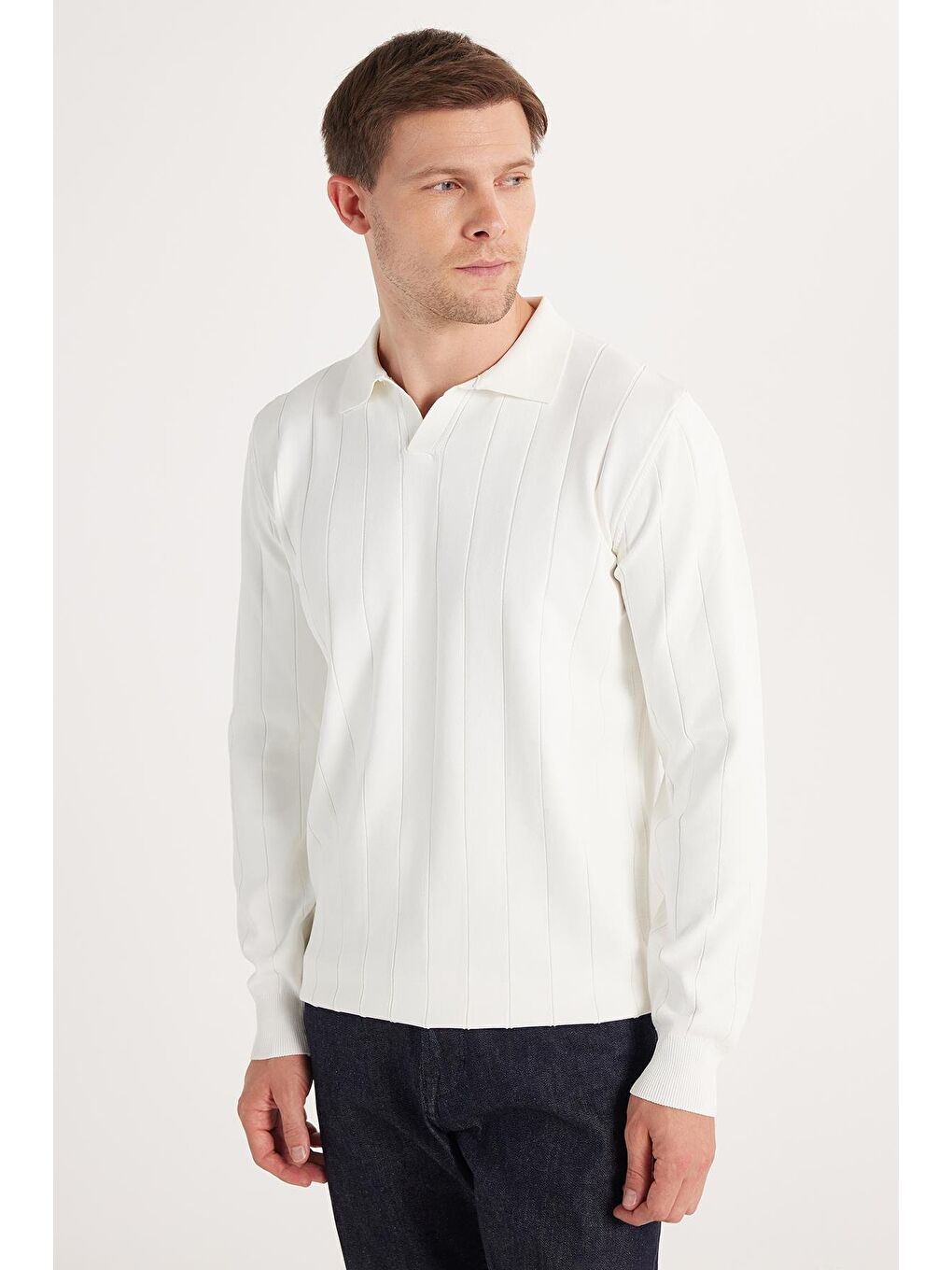 Erkek Slim Fit Dar Kesim Uzun Kol Polo Yaka Çizgili Beyaz Kazak-3