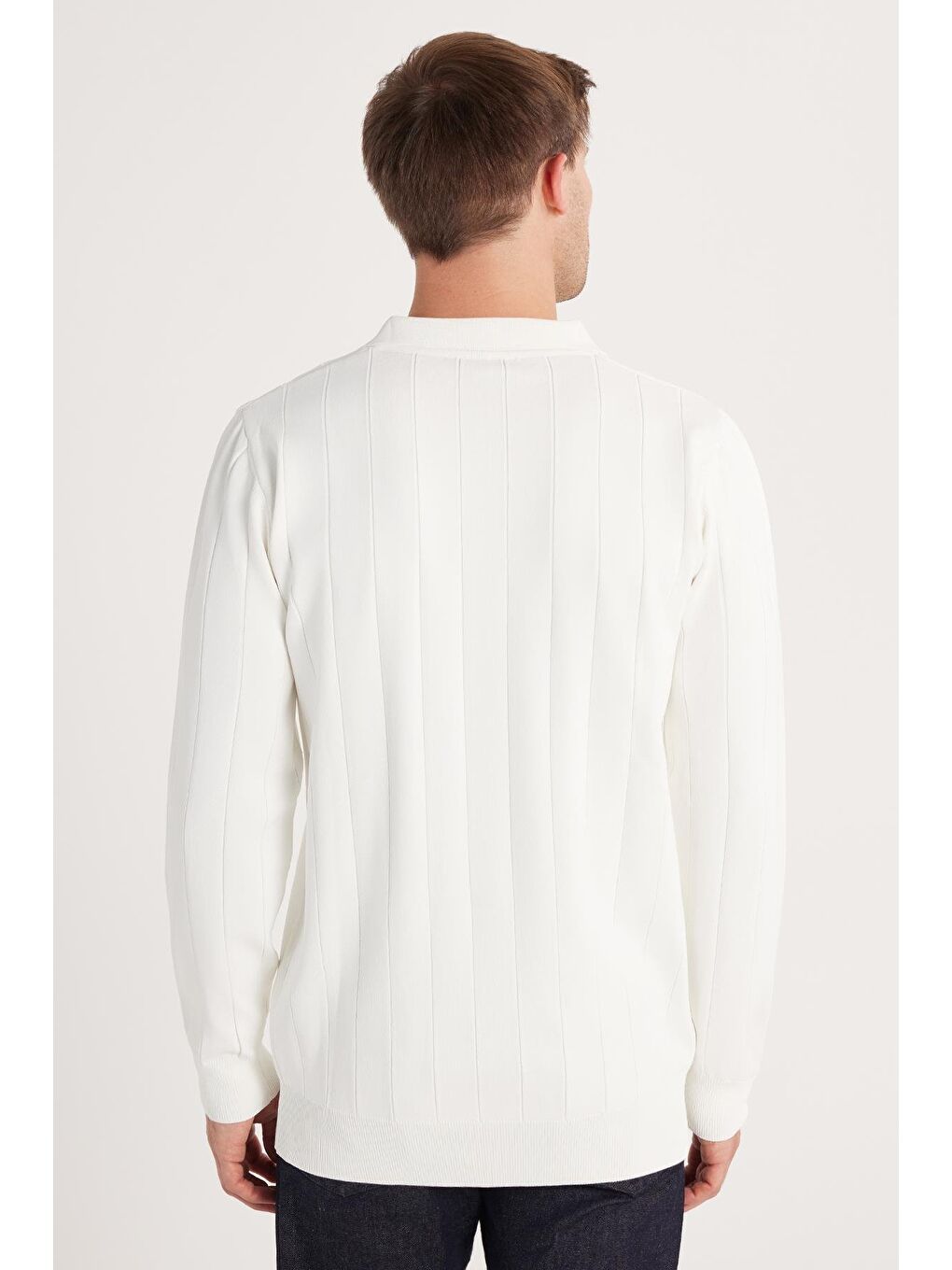 Erkek Slim Fit Dar Kesim Uzun Kol Polo Yaka Çizgili Beyaz Kazak-4