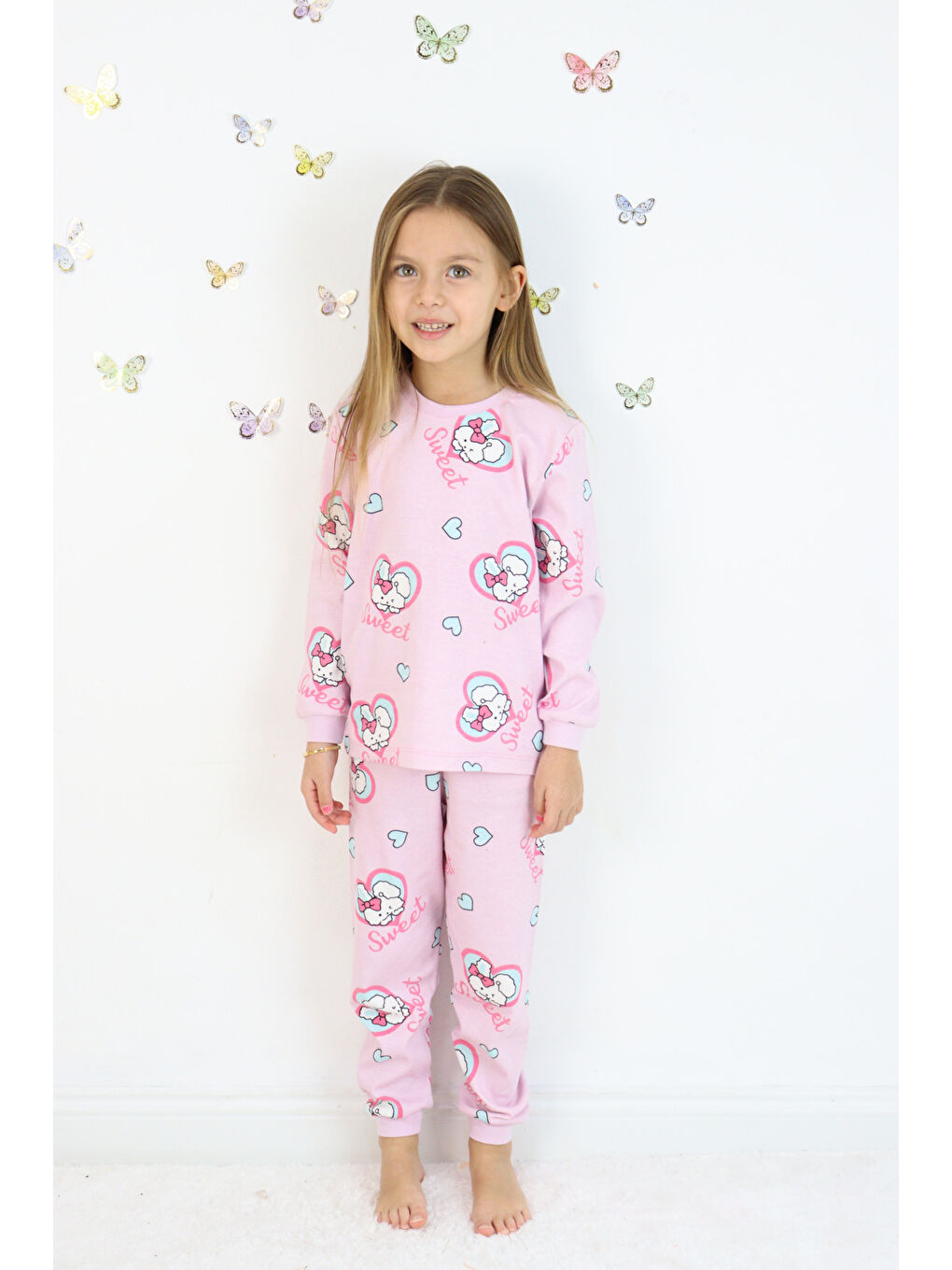 Pembe Kız Çocuk Orta Kalınlıkta Basic Baskılı Pijama Takımı-1