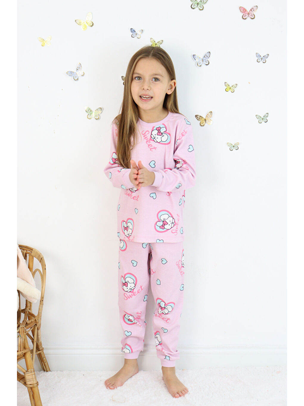 Pembe Kız Çocuk Orta Kalınlıkta Basic Baskılı Pijama Takımı-3
