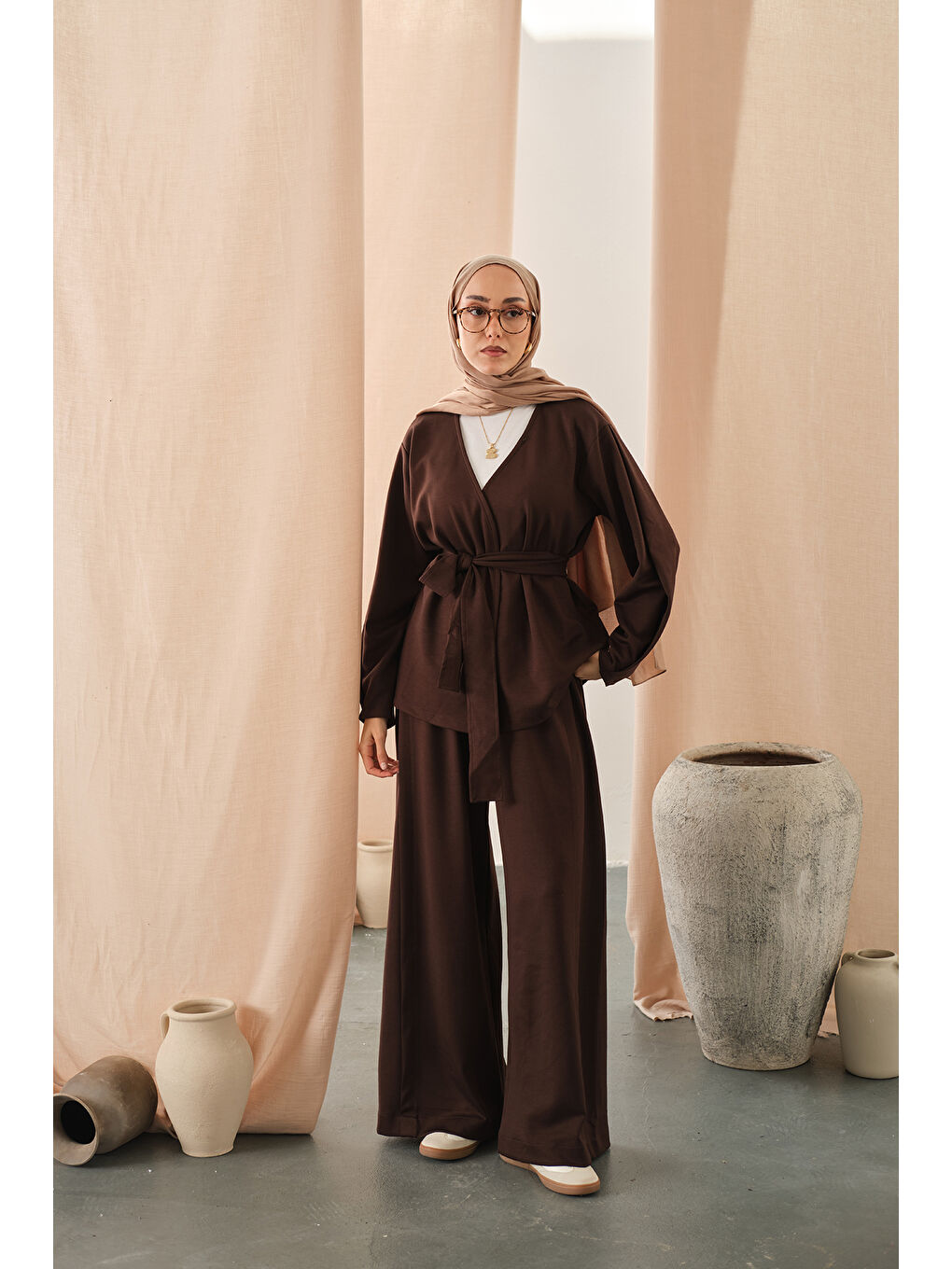 Kadın Bel Bağlamalı Kimono Takım Kahverengi-3