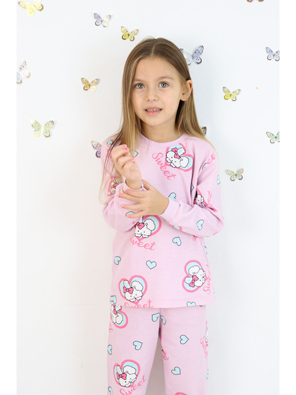 Pembe Kız Çocuk Orta Kalınlıkta Basic Baskılı Pijama Takımı-4