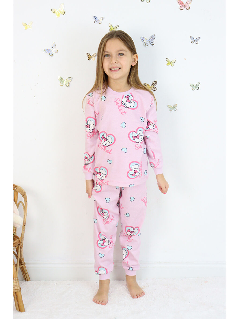 Pembe Kız Çocuk Orta Kalınlıkta Basic Baskılı Pijama Takımı-5
