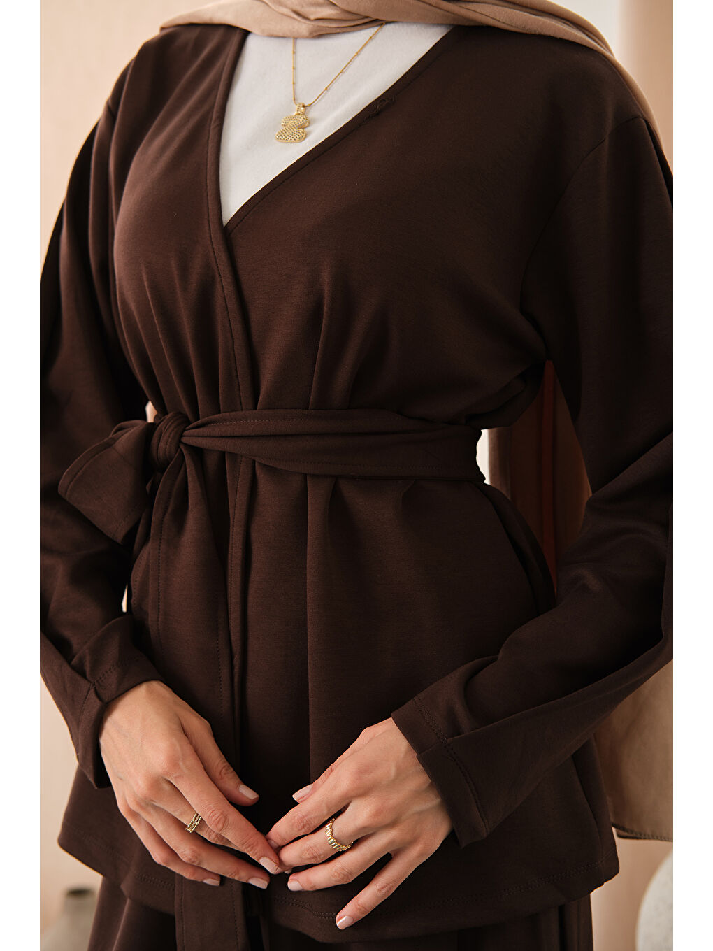Kadın Bel Bağlamalı Kimono Takım Kahverengi-4