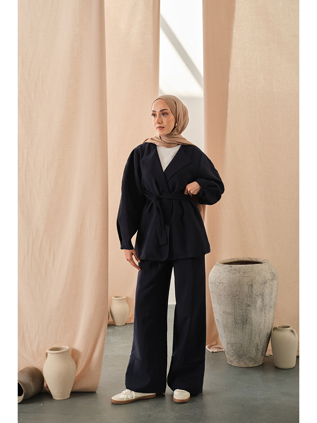 Kadın Bel Bağlamalı Kimono Takım Lacivert