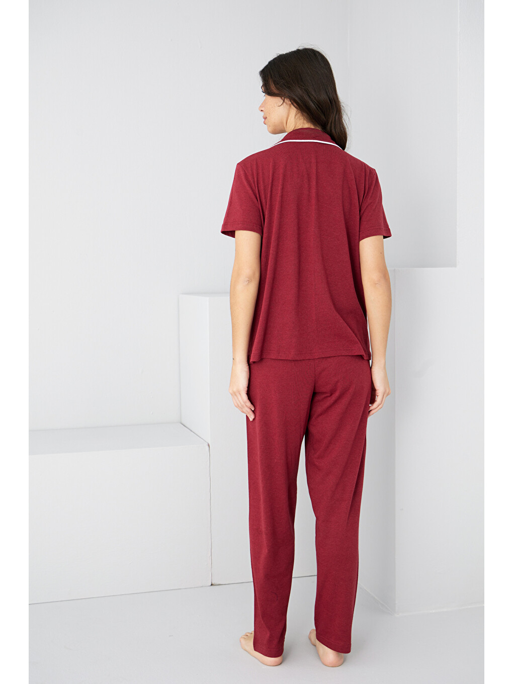 Bordo Kalpli Biye Detaylı Örme Pijama Takım7891-2