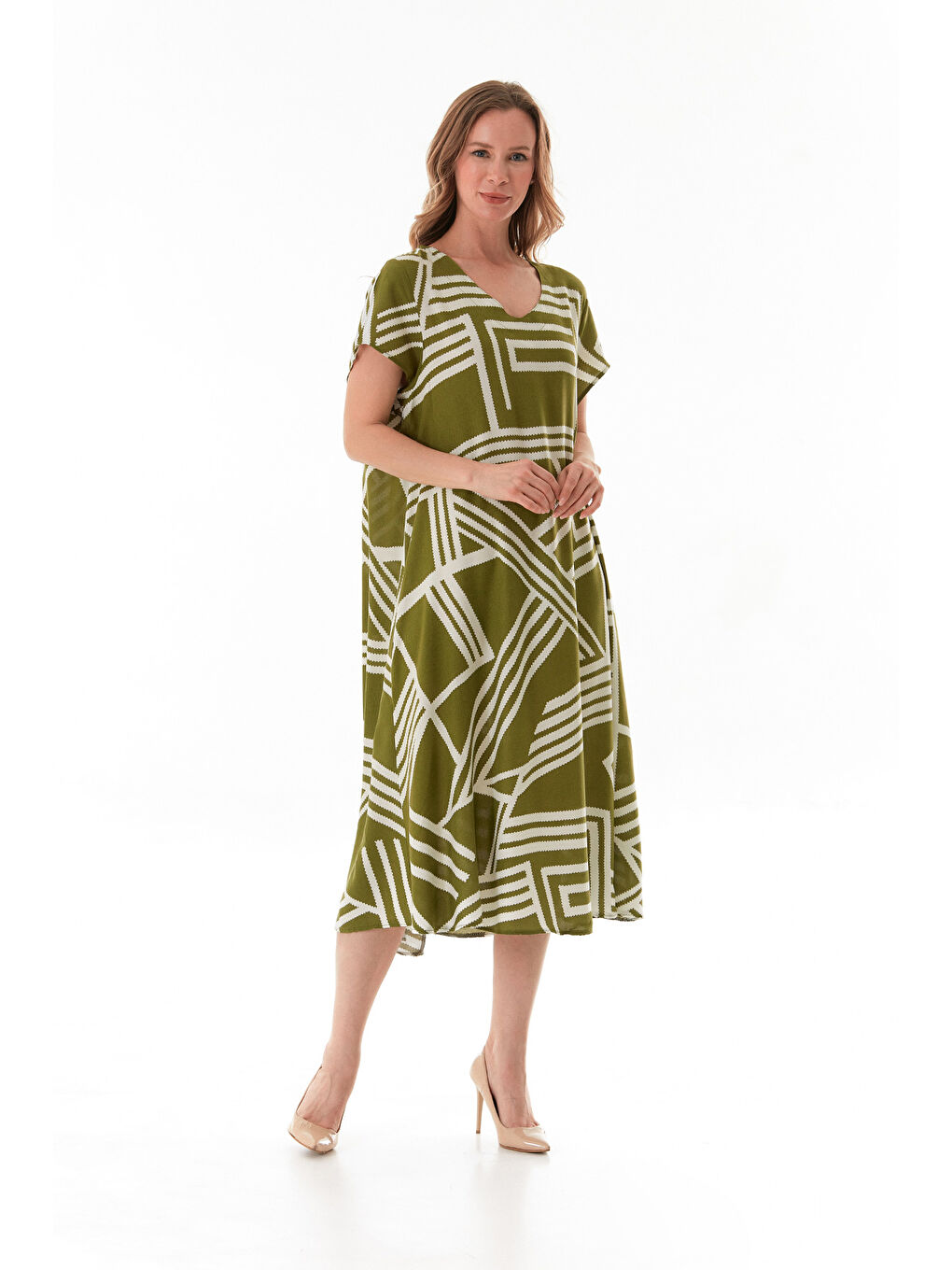 Yeşil Çizgili V Yaka Salaş Elbise