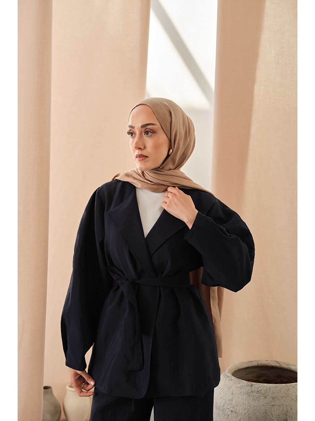 Kadın Bel Bağlamalı Kimono Takım Lacivert-1