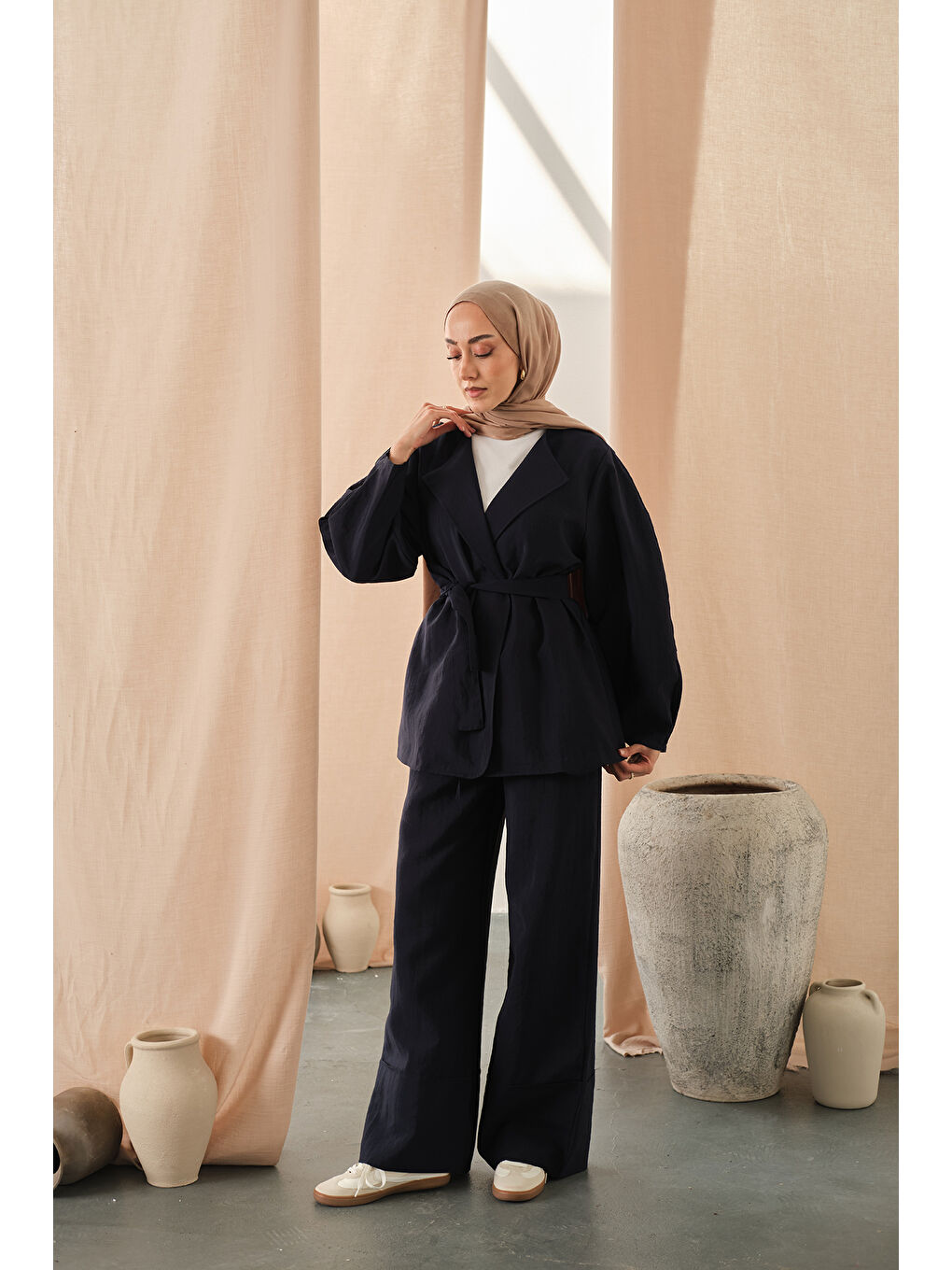 Kadın Bel Bağlamalı Kimono Takım Lacivert-2