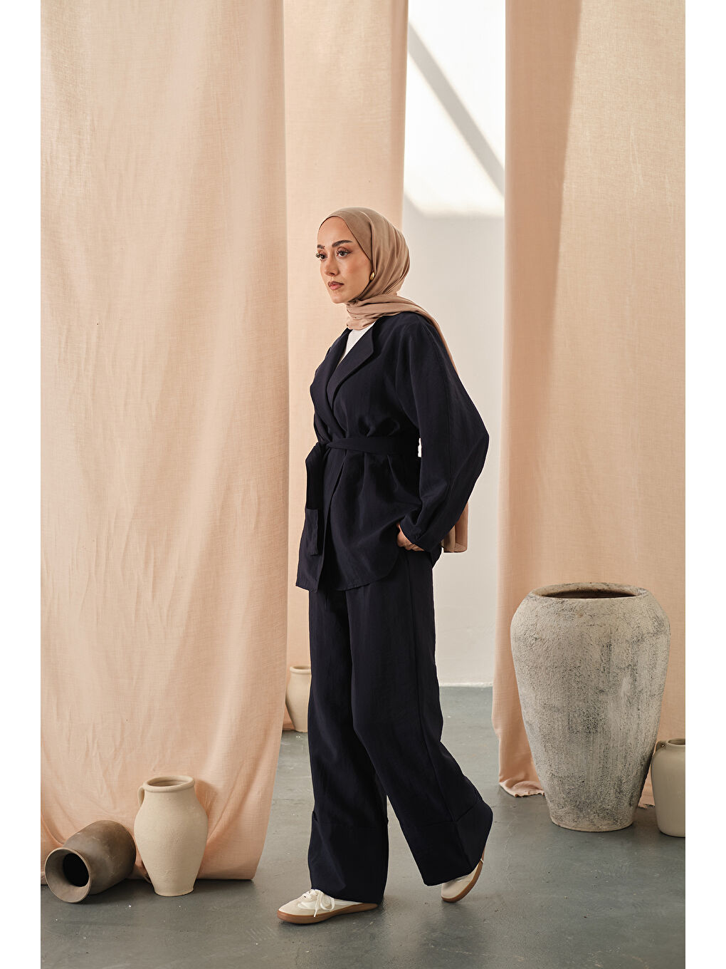 Kadın Bel Bağlamalı Kimono Takım Lacivert-3