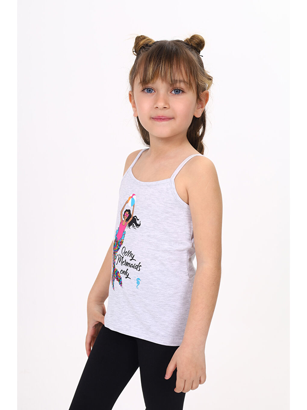 Gri Kız Çocuk Deniz Kızı Baskılı Pul İşlemeli Atlet-2