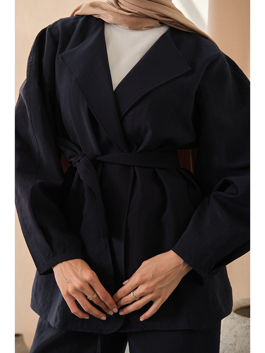 Kadın Bel Bağlamalı Kimono Takım Lacivert-4