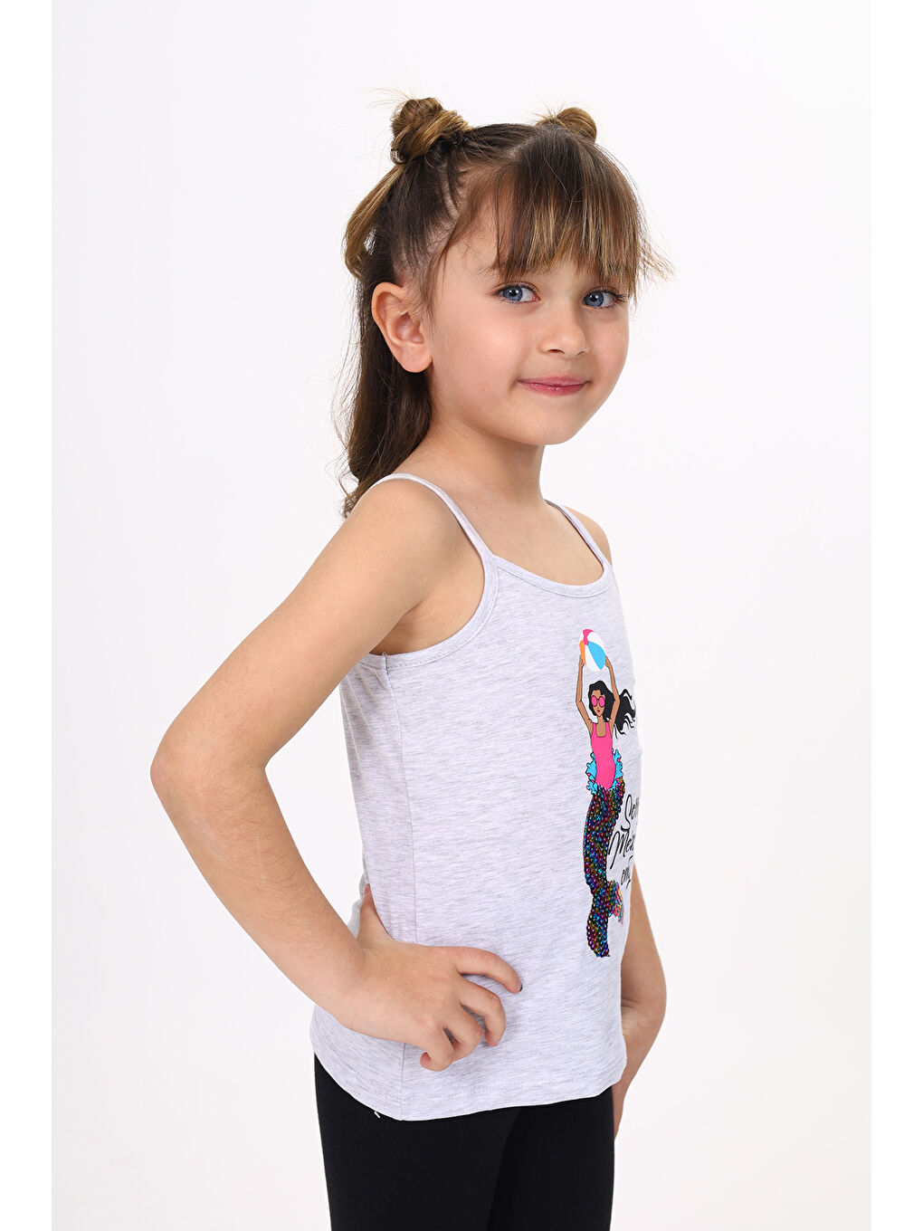 Gri Kız Çocuk Deniz Kızı Baskılı Pul İşlemeli Atlet-3