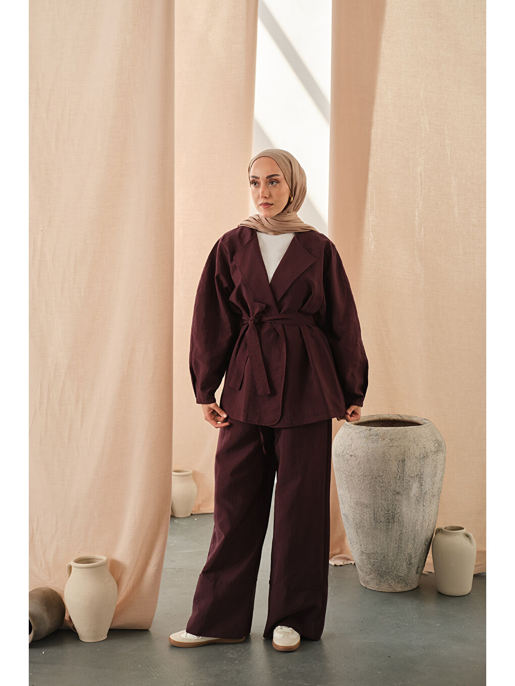 Kadın Bel Bağlamalı Kimono Takım Mürdüm