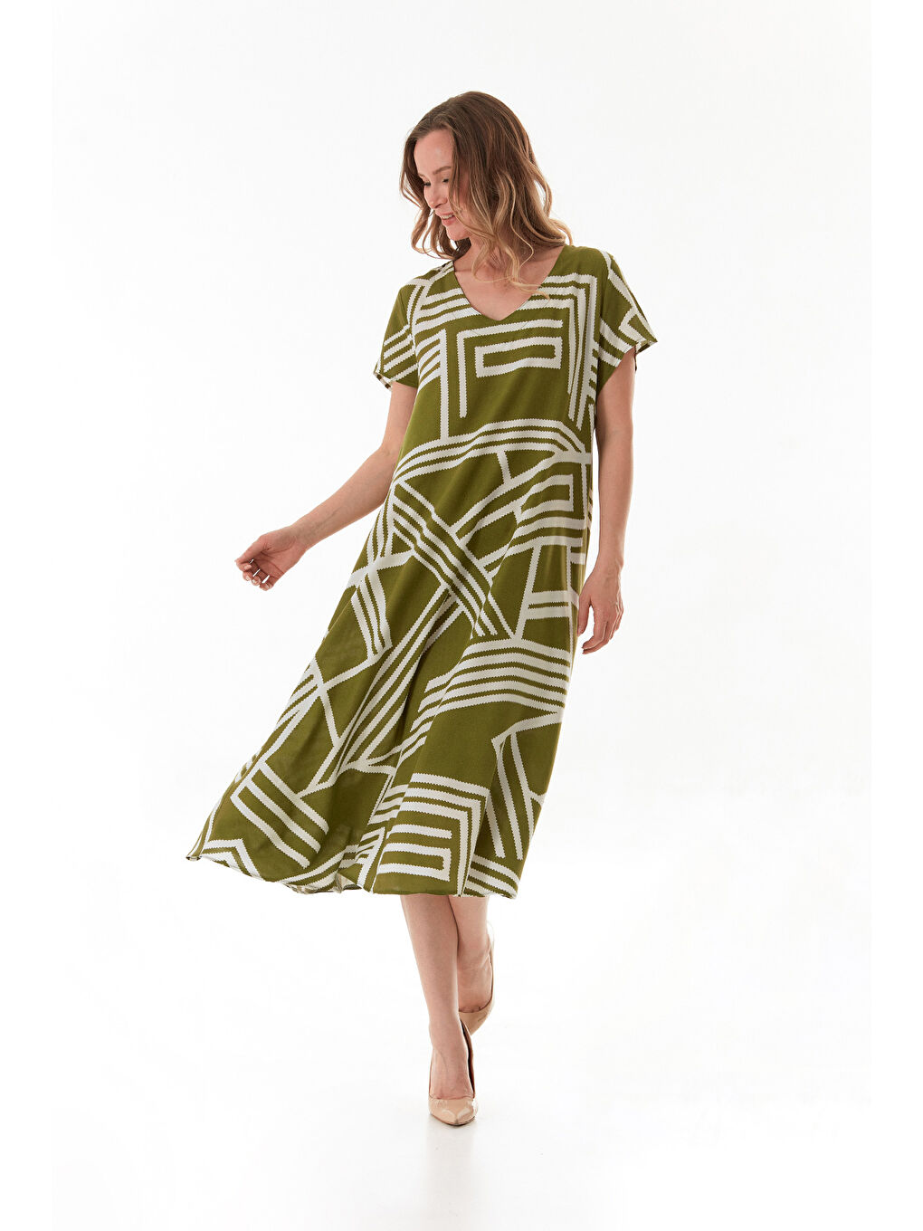 Yeşil Çizgili V Yaka Salaş Elbise-2