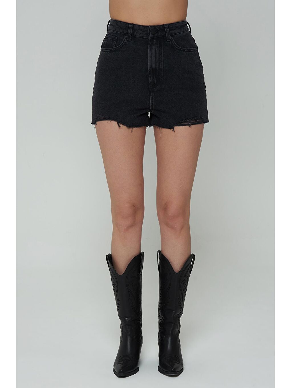 Siyah Yüksek Bel Patı Fermuarlı Paçası Kesik Şort Jean C 4534-045-1