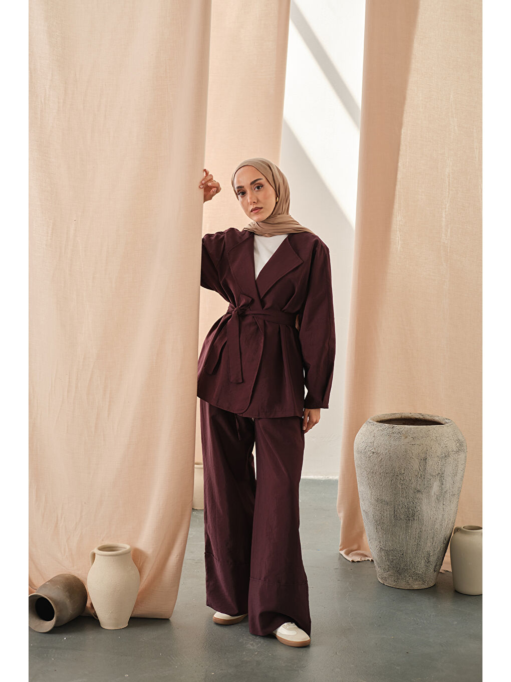 Kadın Bel Bağlamalı Kimono Takım Mürdüm-1