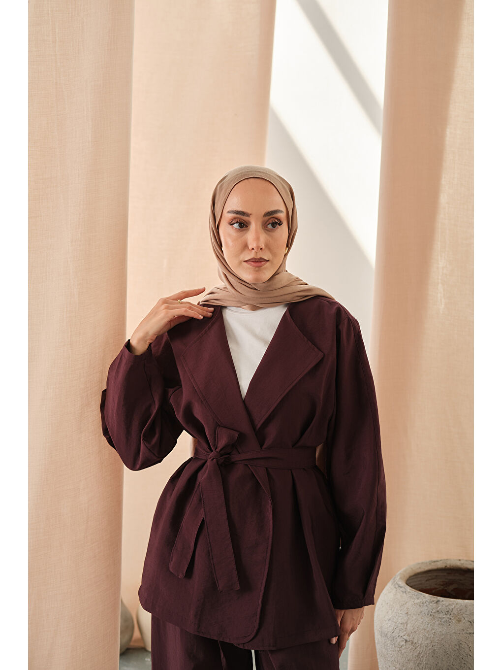 Kadın Bel Bağlamalı Kimono Takım Mürdüm-2