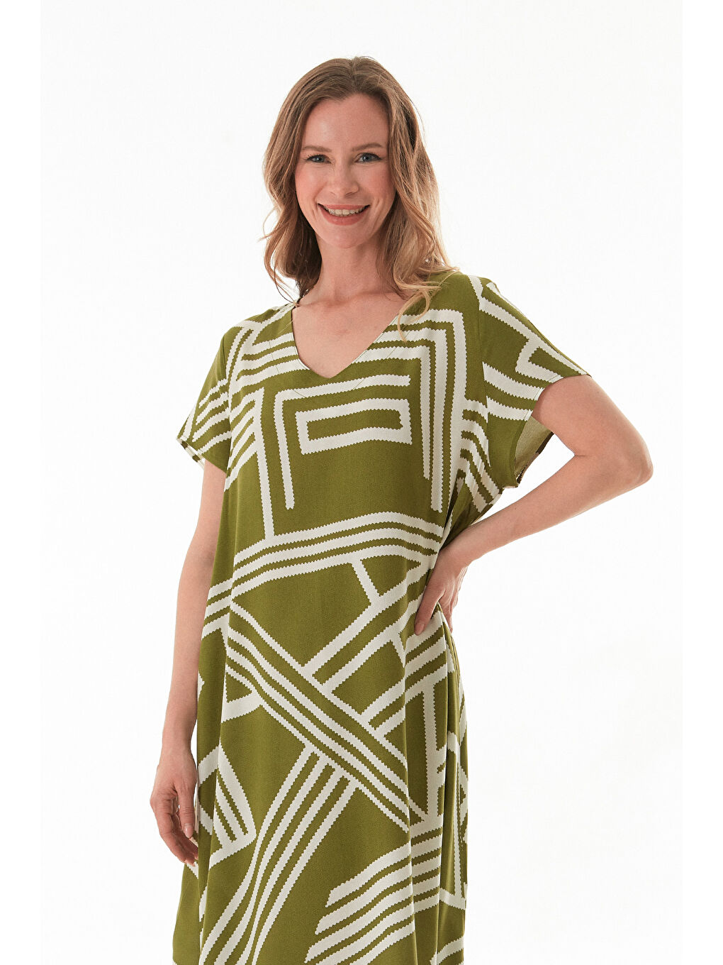 Yeşil Çizgili V Yaka Salaş Elbise-3