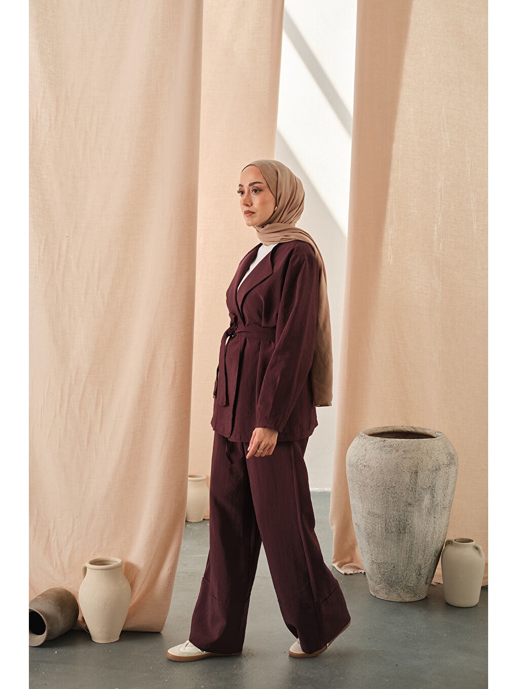 Kadın Bel Bağlamalı Kimono Takım Mürdüm-3